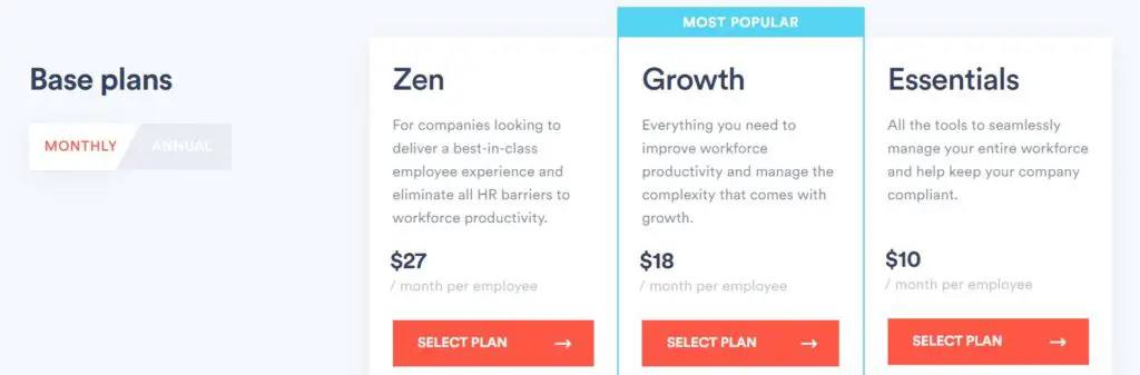 Zenefits Pricing Plans Monthly