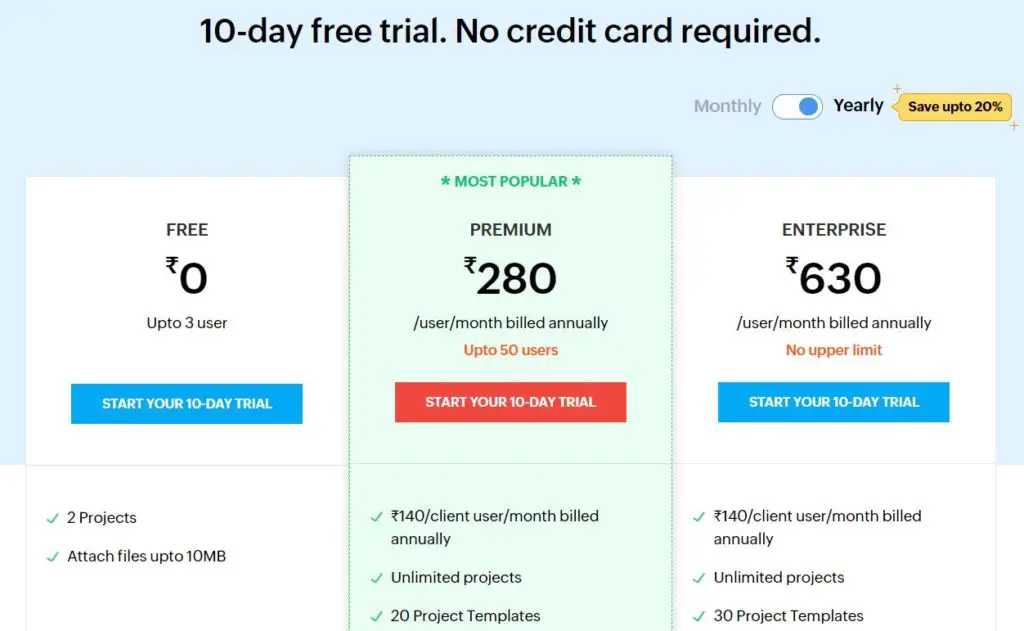 Zoho Projects pricing plan yearly
