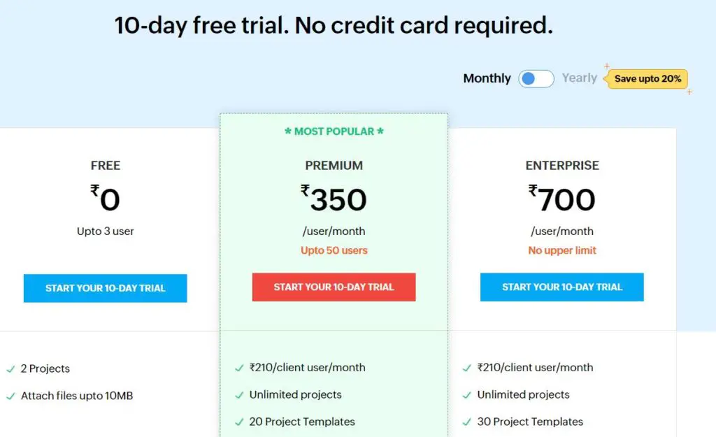 Zoho Projects pricing plan monthly